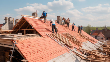The master repairs the roof tiles of the house. Roofing, repair and renovation work. Generative AIの素材