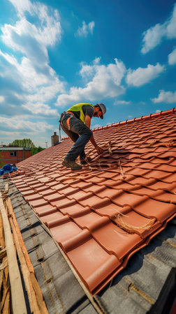 The master repairs the roof tiles of the house. Roofing, repair and renovation work. Generative AIの素材