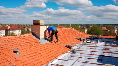 The master repairs the roof tiles of the house. Roofing, repair and renovation work. Generative AIの素材