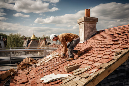 The master repairs the roof tiles of the house. Roofing, repair and renovation work. Generative AIの素材