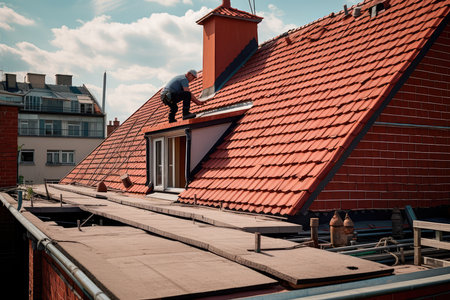 The master repairs the roof tiles of the house. Roofing, repair and renovation work. Generative AIの素材