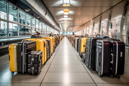 The Challenges of Airport Luggage and the Suitcase Hassle. Suitcase with luggage at airport. Generative AIの素材