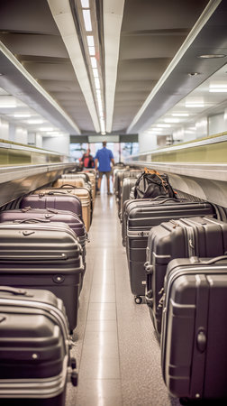 The Challenges of Airport Luggage and the Suitcase Hassle. Suitcase with luggage at airport. Generative AIの素材
