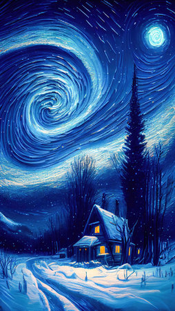 Small house surrounded by a snowstorm on a starry night. Reflects a romantic and cozy character. Generative AIの素材