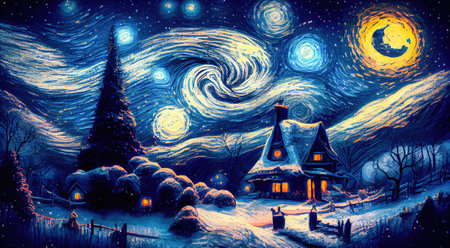 Small house surrounded by a snowstorm on a starry night. Reflects a romantic and cozy character. Generative AIの素材