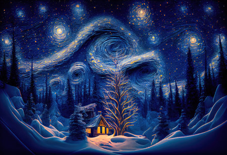 Small house surrounded by a snowstorm on a starry night. Reflects a romantic and cozy character. Generative AIの素材