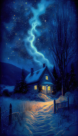 Small house surrounded by a snowstorm on a starry night. Reflects a romantic and cozy character. Generative AIの素材