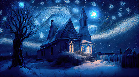 Small house surrounded by a snowstorm on a starry night. Reflects a romantic and cozy character. Generative AIの素材