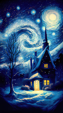 Small house surrounded by a snowstorm on a starry night. Reflects a romantic and cozy character. Generative AIの素材