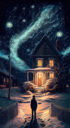 Small house surrounded by a snowstorm on a starry night. Reflects a romantic and cozy character. Generative AIの素材