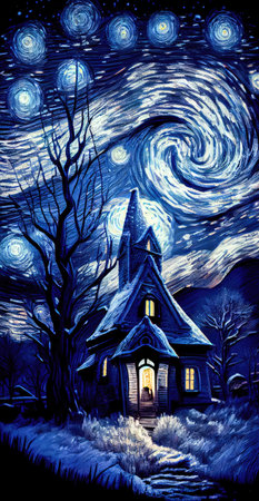 Small house surrounded by a snowstorm on a starry night. Reflects a romantic and cozy character. Generative AIの素材