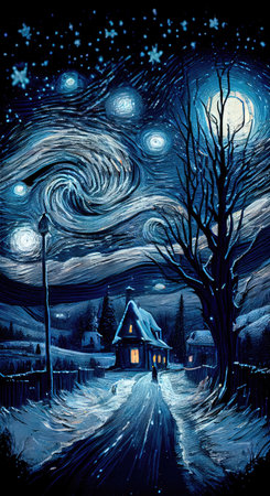 Small house surrounded by a snowstorm on a starry night. Reflects a romantic and cozy character. Generative AIの素材