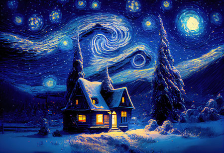 Small house surrounded by a snowstorm on a starry night. Reflects a romantic and cozy character. Generative AIの素材