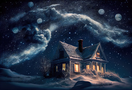 Small house surrounded by a snowstorm on a starry night. Reflects a romantic and cozy character. Generative AIの素材
