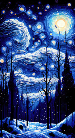 Small house surrounded by a snowstorm on a starry night. Reflects a romantic and cozy character. Generative AIの素材