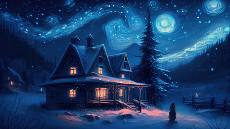 Small house surrounded by a snowstorm on a starry night. Reflects a romantic and cozy character. Generative AIの素材