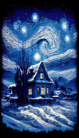 Small house surrounded by a snowstorm on a starry night. Reflects a romantic and cozy character. Generative AIの素材