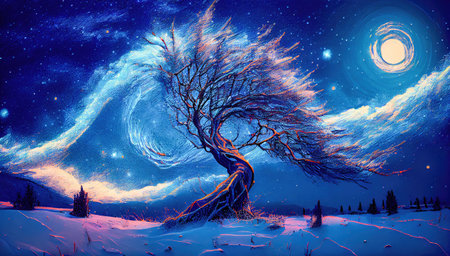 Small house surrounded by a snowstorm on a starry night. Reflects a romantic and cozy character. Generative AIの素材