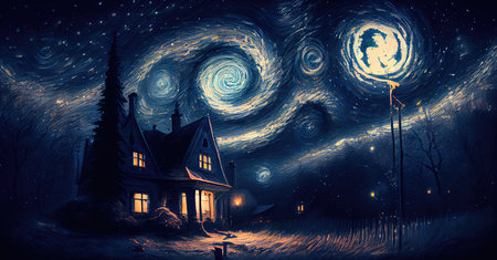 Small house surrounded by a snowstorm on a starry night. Reflects a romantic and cozy character. Generative AIの素材