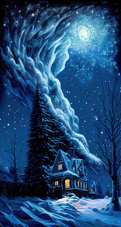 Small house surrounded by a snowstorm on a starry night. Reflects a romantic and cozy character. Generative AIの素材
