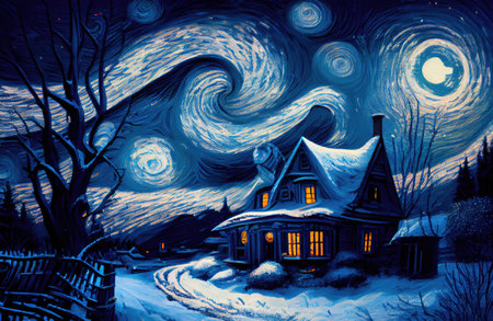 Small house surrounded by a snowstorm on a starry night. Reflects a romantic and cozy character. Generative AIの素材