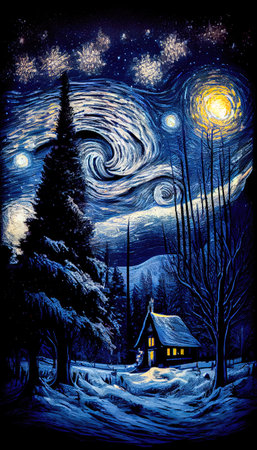 Small house surrounded by a snowstorm on a starry night. Reflects a romantic and cozy character. Generative AIの素材
