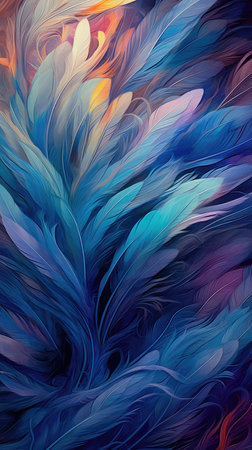 Abstract colorful background of lush feathers. Generative AIの素材