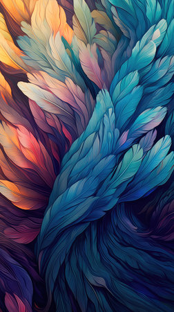 Abstract colorful background of lush feathers. Generative AIの素材