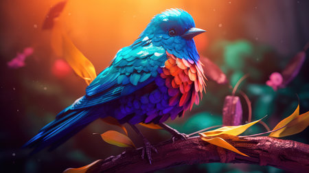 Bright colorful abstraction with the image of a bird on a forest background. Generative AIの素材
