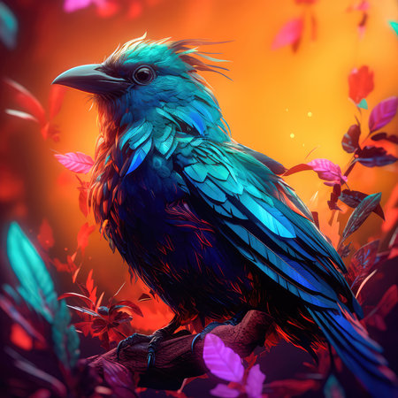 Bright colorful abstraction with the image of a bird on a forest background. Generative AIの素材