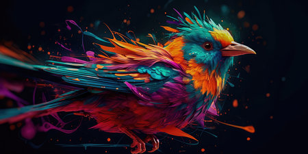Bright colorful abstraction with the image of a bird on a forest background. Generative AIの素材