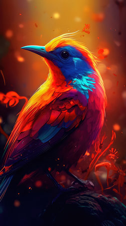 Bright colorful abstraction with the image of a bird on a forest background. Generative AIの素材