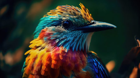 Bright colorful abstraction with the image of a bird on a forest background. Generative AIの素材