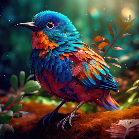 Bright colorful abstraction with the image of a bird on a forest background. Generative AIの素材