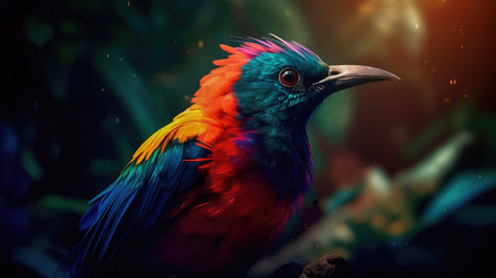 Bright colorful abstraction with the image of a bird on a forest background. Generative AIの素材