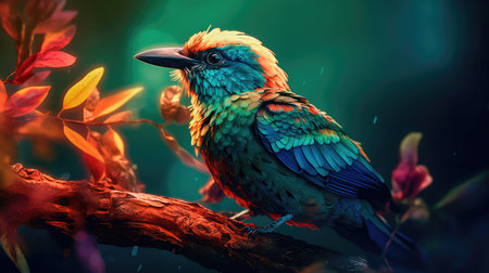 Bright colorful abstraction with the image of a bird on a forest background. Generative AIの素材