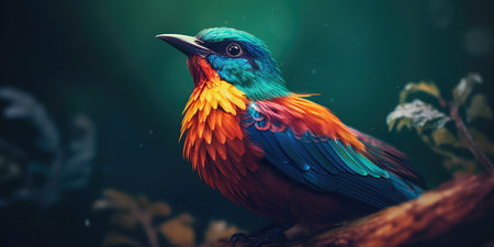 Bright colorful abstraction with the image of a bird on a forest background. Generative AIの素材