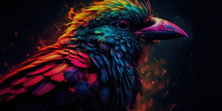Bright colorful abstraction with the image of a bird on a forest background. Generative AIの素材