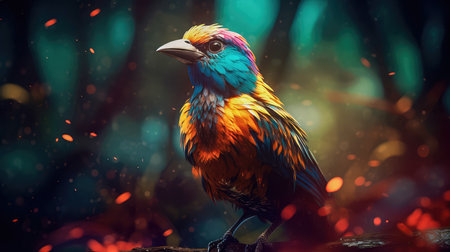 Bright colorful abstraction with the image of a bird on a forest background. Generative AIの素材
