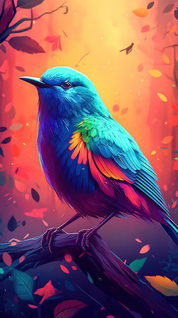 Bright colorful abstraction with the image of a bird on a forest background. Generative AIの素材