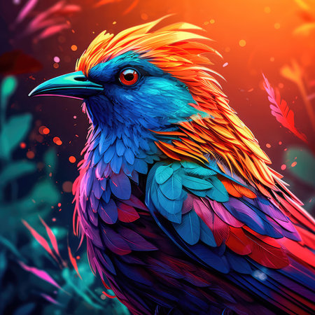 Bright colorful abstraction with the image of a bird on a forest background. Generative AIの素材