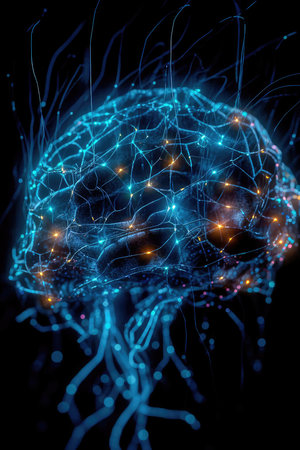 Fictional glowing brain background with a network of neural connections. neural activity. Generative AIの素材
