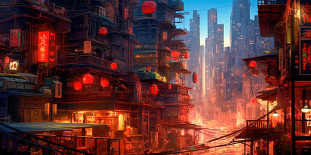 Lovely anime Cyberpunk City Painting, digital painting, night. Generative AIの素材