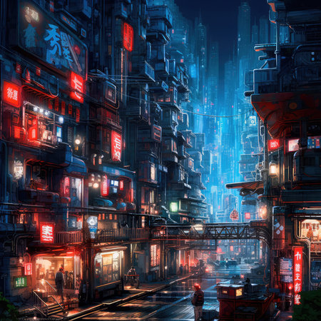Lovely anime Cyberpunk City Painting, digital painting, night. Generative AIの素材