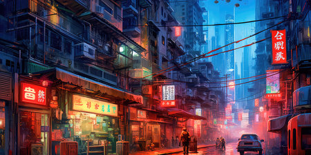Lovely anime Cyberpunk City Painting, digital painting, night. Generative AIの素材