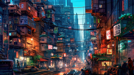 Lovely anime Cyberpunk City Painting, digital painting, night. Generative AIの素材