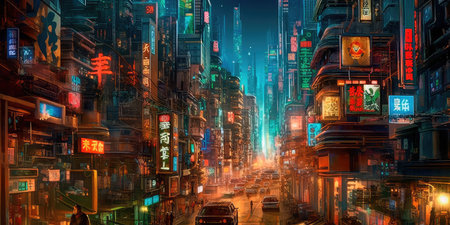 Lovely anime Cyberpunk City Painting, digital painting, night. Generative AIの素材