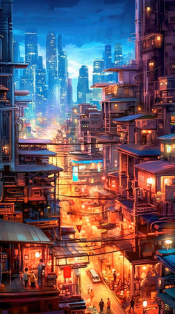 Lovely anime Cyberpunk City Painting, digital painting, night. Generative AIの素材