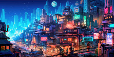 Lovely anime Cyberpunk City Painting, digital painting, night. Generative AIの素材