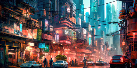 Lovely anime Cyberpunk City Painting, digital painting, night. Generative AIの素材